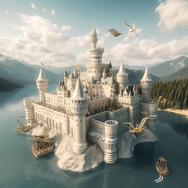 High Resolution: floating castle scene over a lake and mountains download. | HRJPG.com