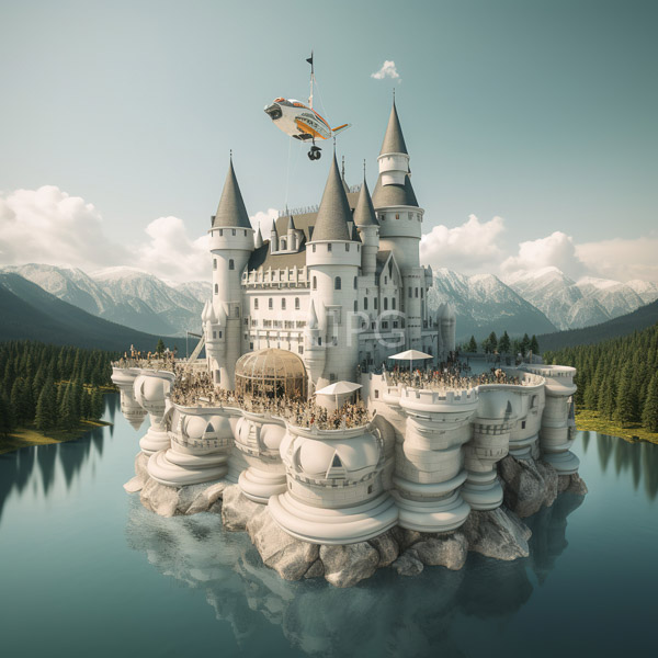 High Resolution: magical sight of a castle floating above a lake and mountains download. | HRJPG.com