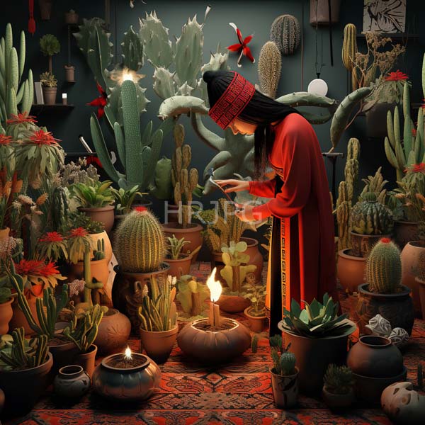 High Resolution: person in a red robe in a room full of cactuses download. | HRJPG.com