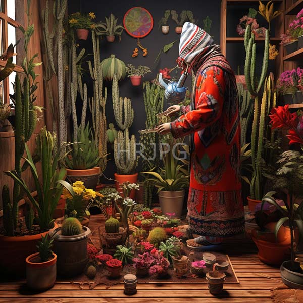 High Resolution: person in a red robe sitting in a room full of cactuses download. | HRJPG.com