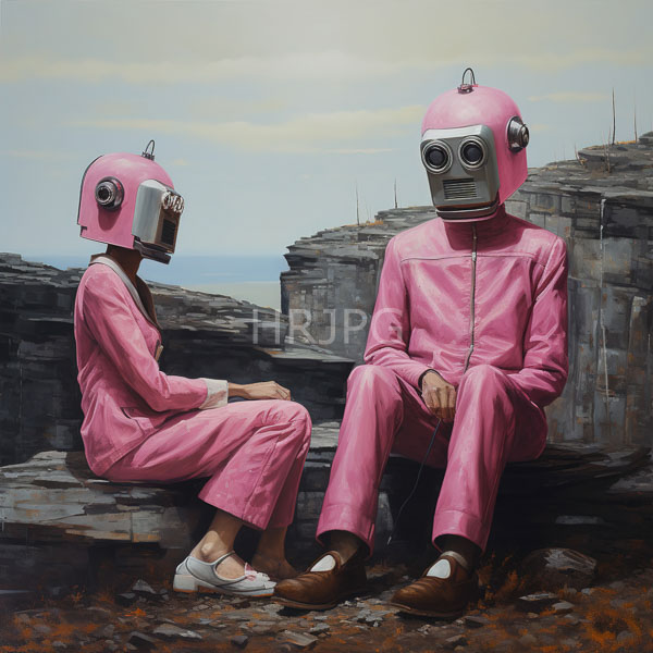 High Resolution: Two Robots in Pink Suits Sitting on a Rocky Shore download. | HRJPG.com