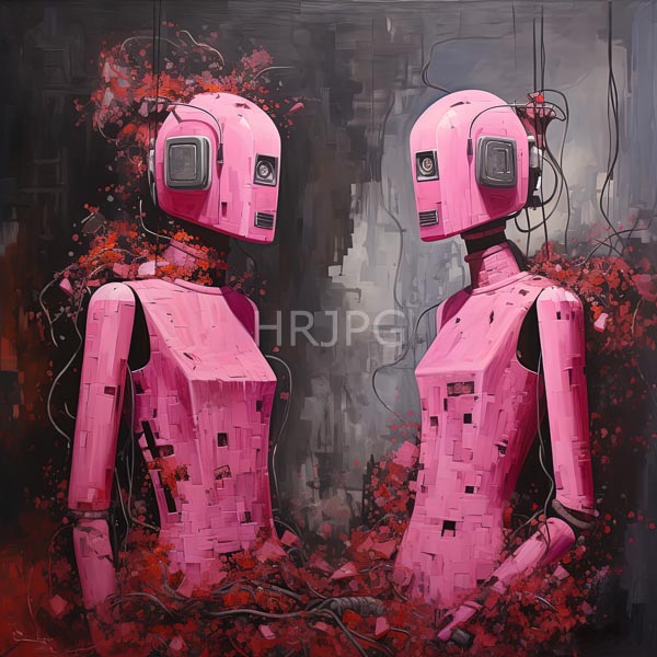 High Resolution: Two Robots Standing in a Room Filled with Red Flowers download. | HRJPG.com