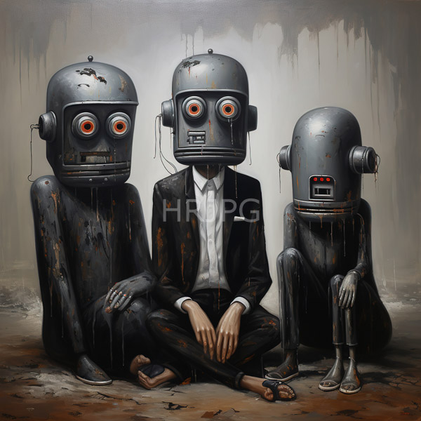 High Resolution: Scene of Three Robots Sitting on a Concrete Ground download. | HRJPG.com