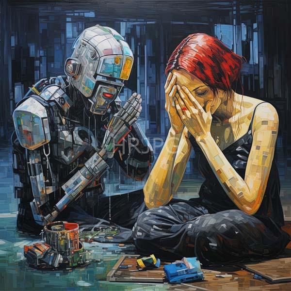High Resolution: Realistic Painting of a Robot and a Woman Sitting Together download. | HRJPG.com