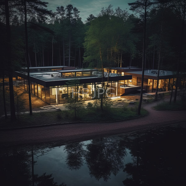 High Resolution: Night View of a Modern House by a Forest Lake download. | HRJPG.com