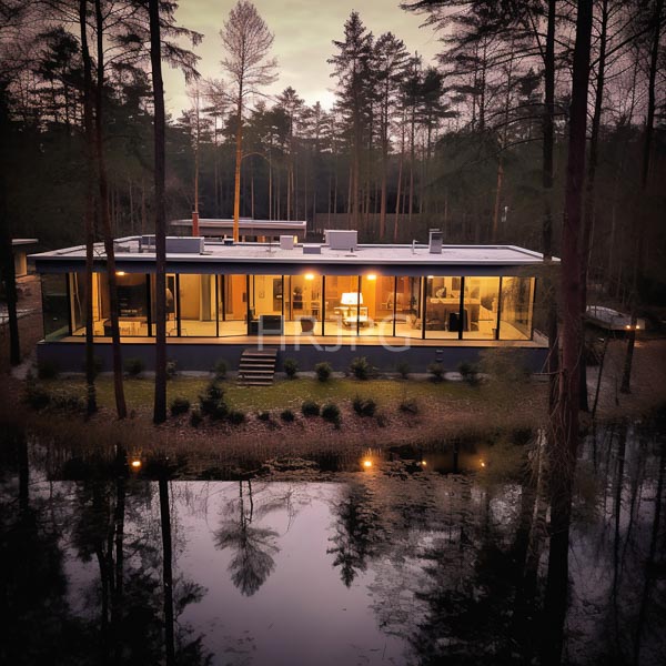 High Resolution: An Evening View of a Modern House by a Forest Lake download. | HRJPG.com