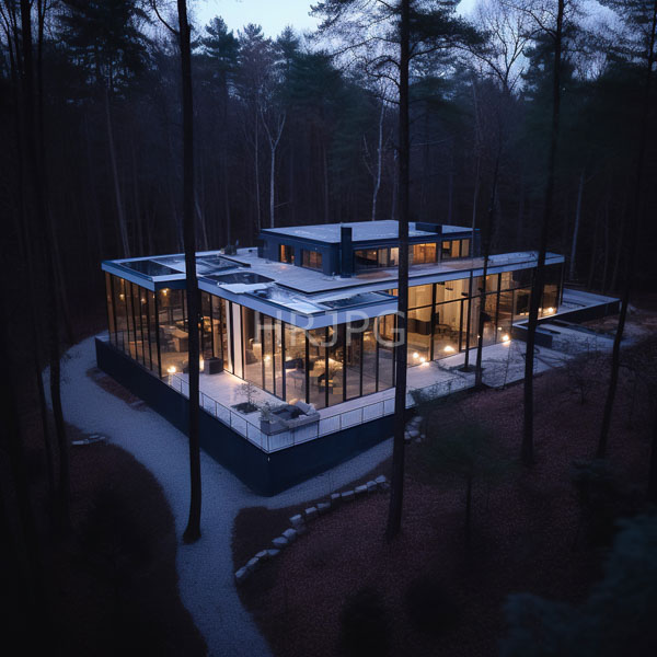High Resolution: Night Scene of a Modern Glass House in the Forest download. | HRJPG.com