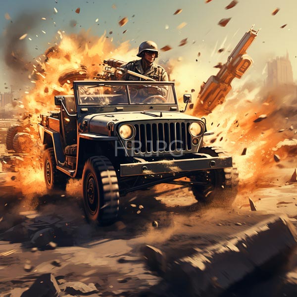 High Resolution: Scene of a Military Jeep Driving in an Explosion download. | HRJPG.com