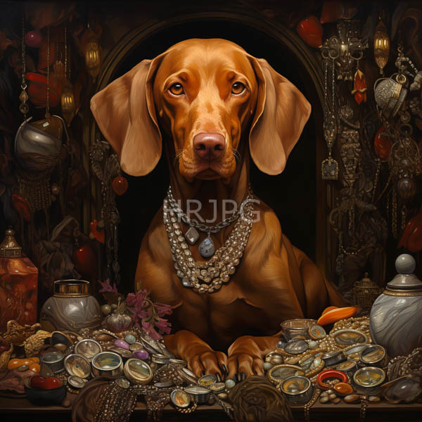 High Resolution: Painting of a Dog with a Necklace Sitting in a Pile of Jewels download. | HRJPG.com