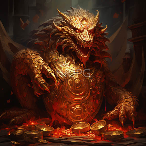 High Resolution: An Artistic Painting of a Golden Dragon Guarding a Pile of Coins download. | HRJPG.com