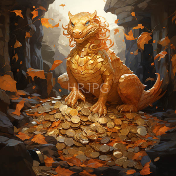 High Resolution: Painting of a Golden Dragon Statue Sitting in a Pile of Coins download. | HRJPG.com