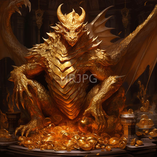 High Resolution: An Artistic Painting of a Golden Dragon Statue Sitting download. | HRJPG.com
