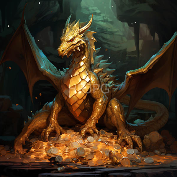 High Resolution: An Artistic Painting of a Golden Dragon Statue with Open Wings download. | HRJPG.com