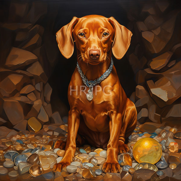 High Resolution: Painting of a Dog with a Necklace Sitting in a Pile of Coins download. | HRJPG.com