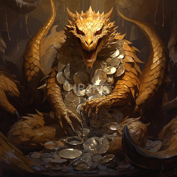 High Resolution: An Artistic Painting of a Golden Dragon Guarding a Pile of Coins download. | HRJPG.com