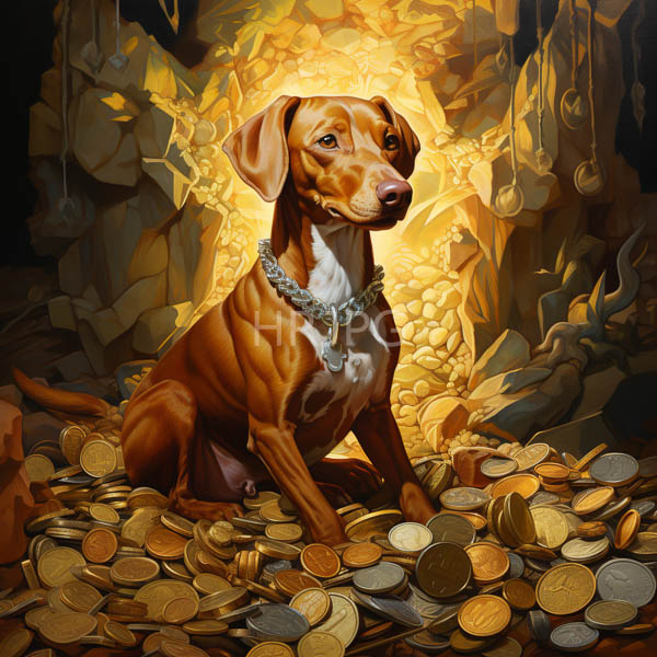 High Resolution: Painting of a Dog with a Glowing Head Sitting in a Pile of Coins download. | HRJPG.com