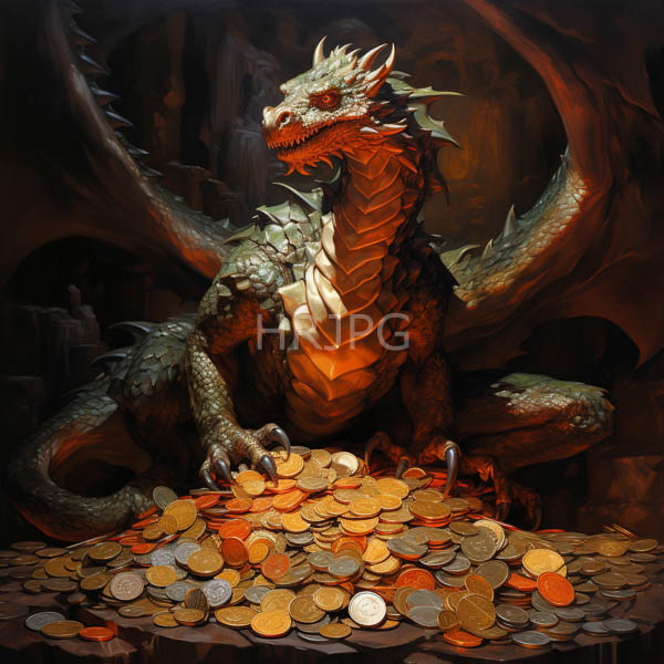 High Resolution: An Artistic Painting of a Red Dragon Guarding a Pile of Coins download. | HRJPG.com
