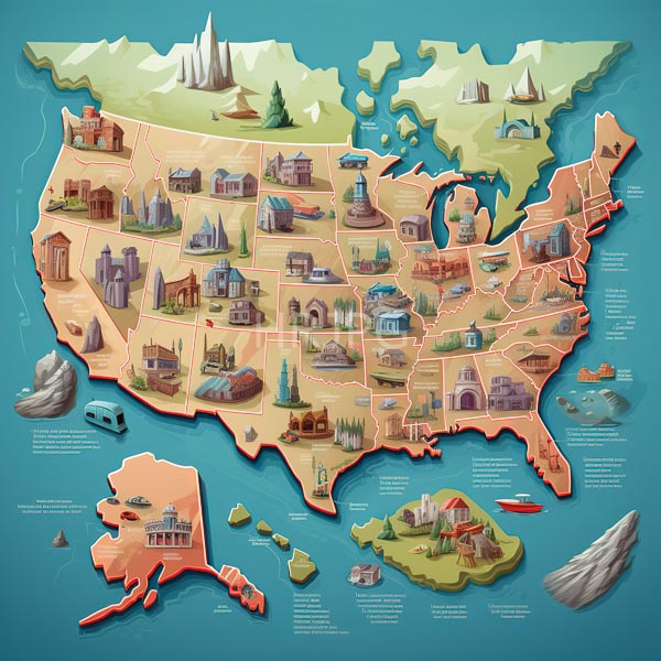High Resolution: An illustrated map of the USwith landmarks. download. | HRJPG.com