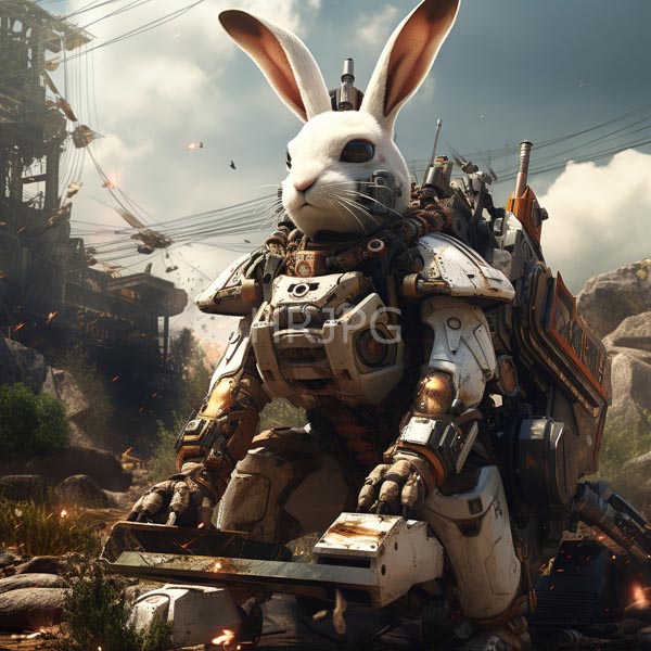 High Resolution: white rabbit in a futuristic suit in a desolate scene. download. | HRJPG.com