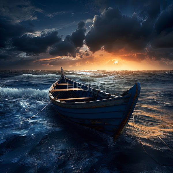High Resolution: small rowboat on a stormy sea at sunset. download. | HRJPG.com