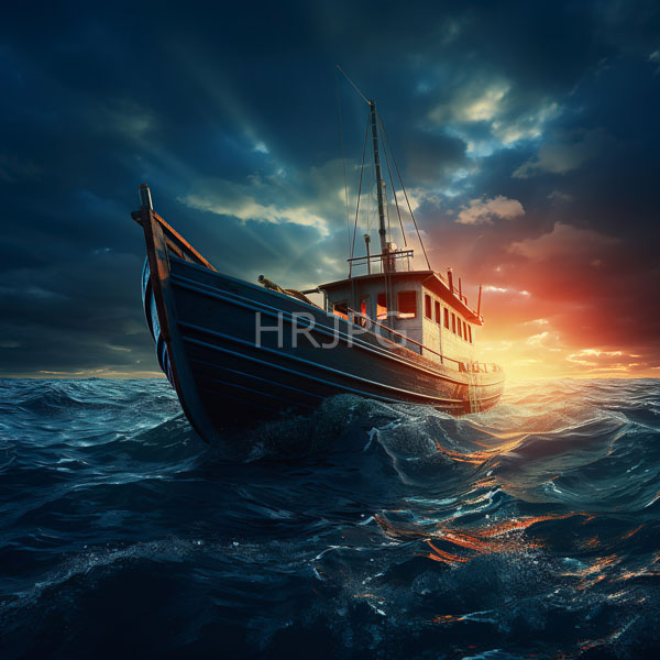 High Resolution: small fishing boat on a stormy sea at dusk. download. | HRJPG.com