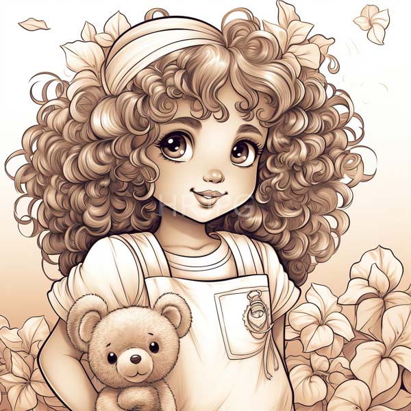 High Resolution: An illustration of a girl with a teddy bear and flowers. download. | HRJPG.com