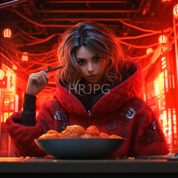 High Resolution: woman eating glowing noodles with chopsticks. download. | HRJPG.com