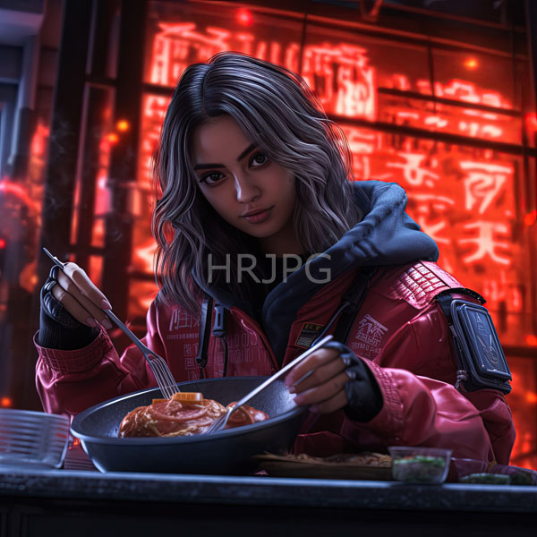 High Resolution: woman eating glowing noodles with a spoon. download. | HRJPG.com