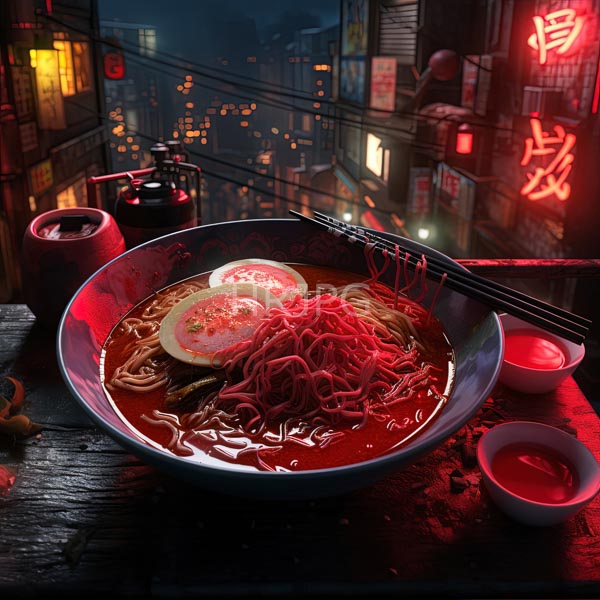 High Resolution: vibrant bowl of glowing ramen in a neon-lit urban setting. download. | HRJPG.com