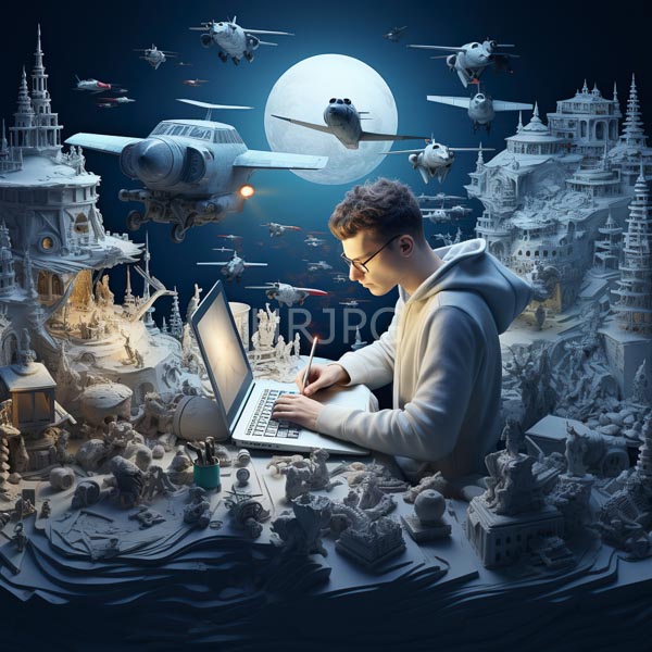 High Resolution: person working on a laptop on a whimsical, floating island. download. | HRJPG.com