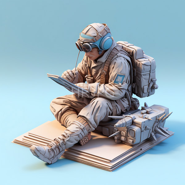 High Resolution: An individual writing on a notepad in a surreal landscape filled with floating objects. download. | HRJPG.com
