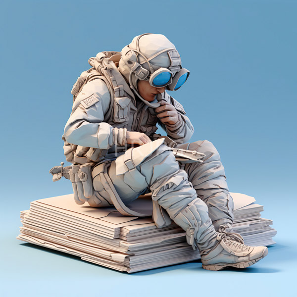 High Resolution: character deeply focused on a notepad, surrounded by giant, floating books. download. | HRJPG.com