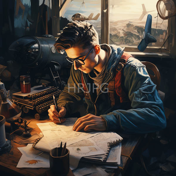 High Resolution: An illustration of someone writing in a notebook within a rustic car. download. | HRJPG.com