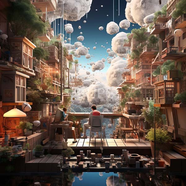 High Resolution: whimsical, floating cityscape with buildings on islands connected by bridges. download. | HRJPG.com