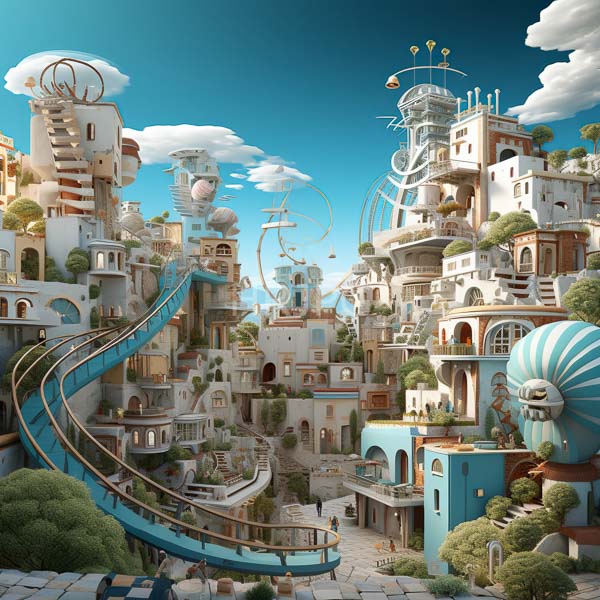 High Resolution: An intricate, fantastical city with unique buildings floating in the sky. download. | HRJPG.com