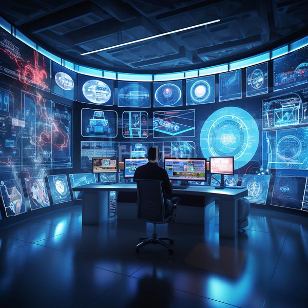 High Resolution: man working on multiple computer screens in a futuristic command center. download. | HRJPG.com