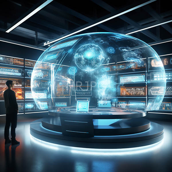 High Resolution: An individual at a desk with a holographic globe and multiple monitors. download. | HRJPG.com