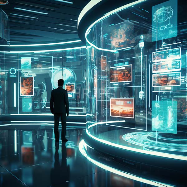 High Resolution: figure in a high-tech control room, observing complex data displays. download. | HRJPG.com