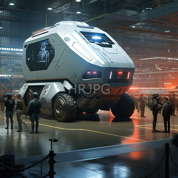 High Resolution: sleek, armored, futuristic off-road vehicle in an indoor hangar. download. | HRJPG.com