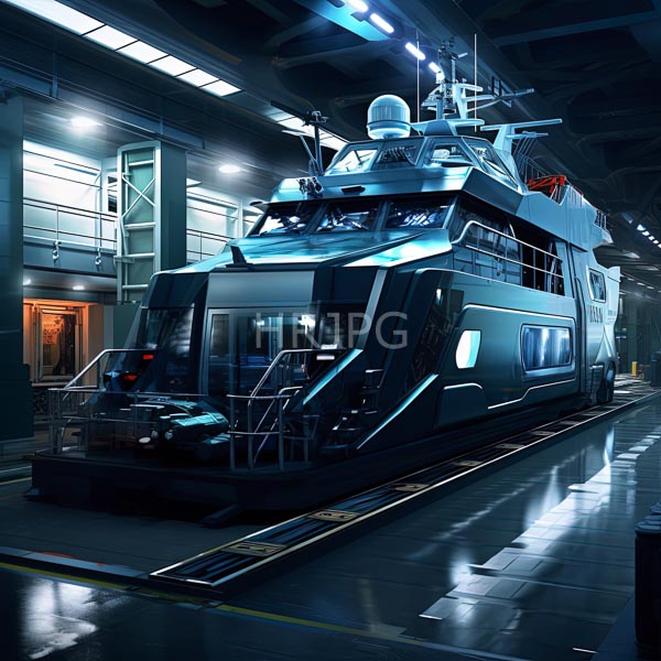 High Resolution: luxurious, futuristic yacht docked in an indoor futuristic hangar. download. | HRJPG.com