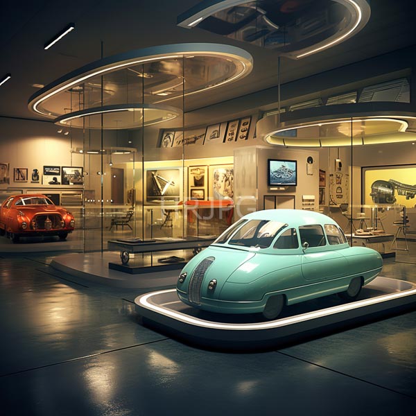 High Resolution: unique, curved futuristic car showcased under a bright spotlight. download. | HRJPG.com