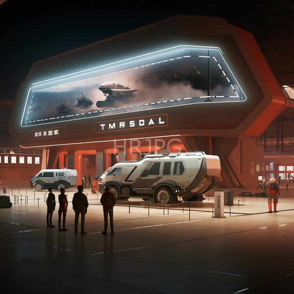 High Resolution: bustling, futuristic transport hub with various vehicles and travelers. download. | HRJPG.com