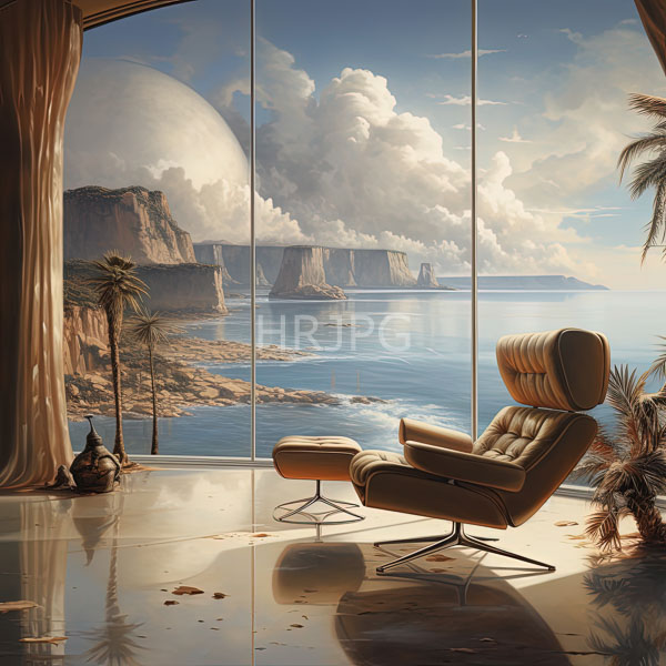 High Resolution: modern, futuristic living room with a large window overlooking the ocean. download. | HRJPG.com