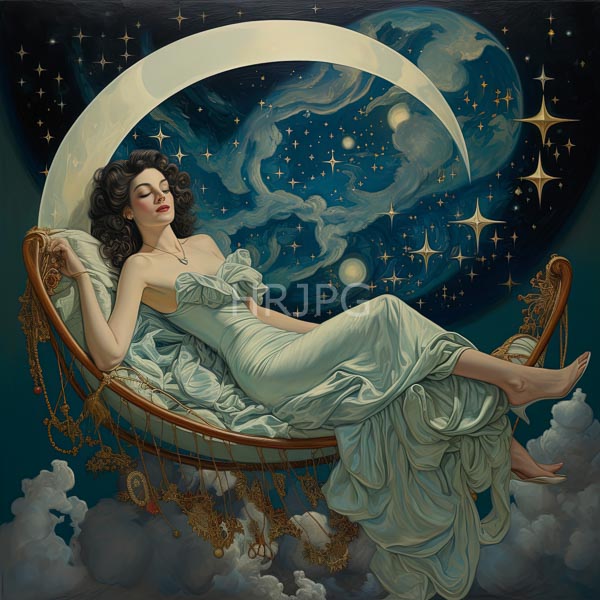 High Resolution: dreamy painting of a woman sleeping peacefully on a crescent moon. download. | HRJPG.com