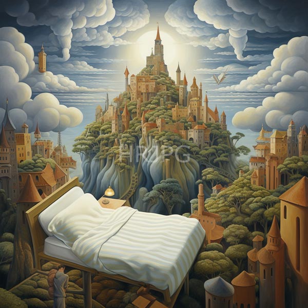 High Resolution: surreal scene of a bed on a floating island, surrounded by a magical landscape. download. | HRJPG.com