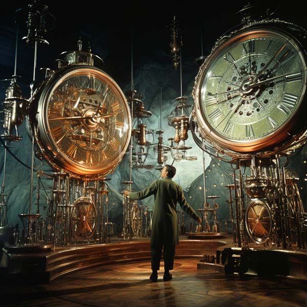 High Resolution: person standing in a fantasy world, observing a giant, ornate clock. download. | HRJPG.com