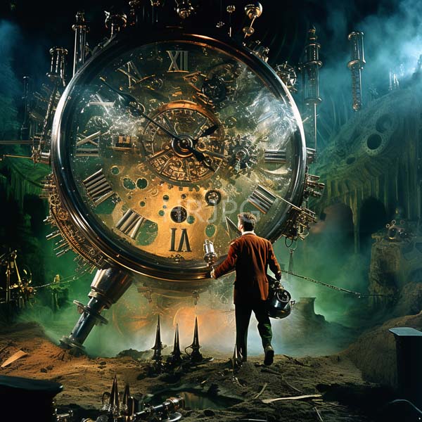 High Resolution: An explorer observing a massive, intricate clock in a steampunk-style world. download. | HRJPG.com