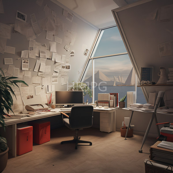 High Resolution: cluttered and messy desk in a modern, sunlit office space. download. | HRJPG.com