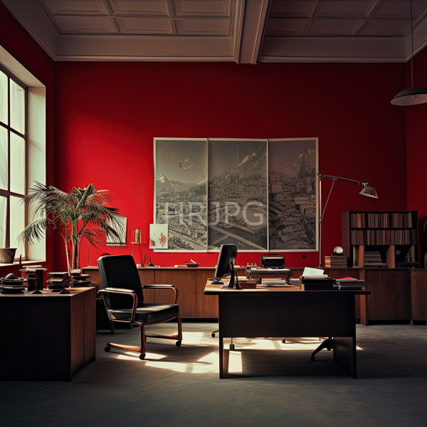 High Resolution: An impeccably organized and clean desk in a minimalistic, red-walled office. download. | HRJPG.com
