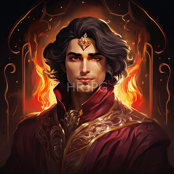 High Resolution: fantasy portrait of a man with an intense gaze and a fiery background. download. | HRJPG.com